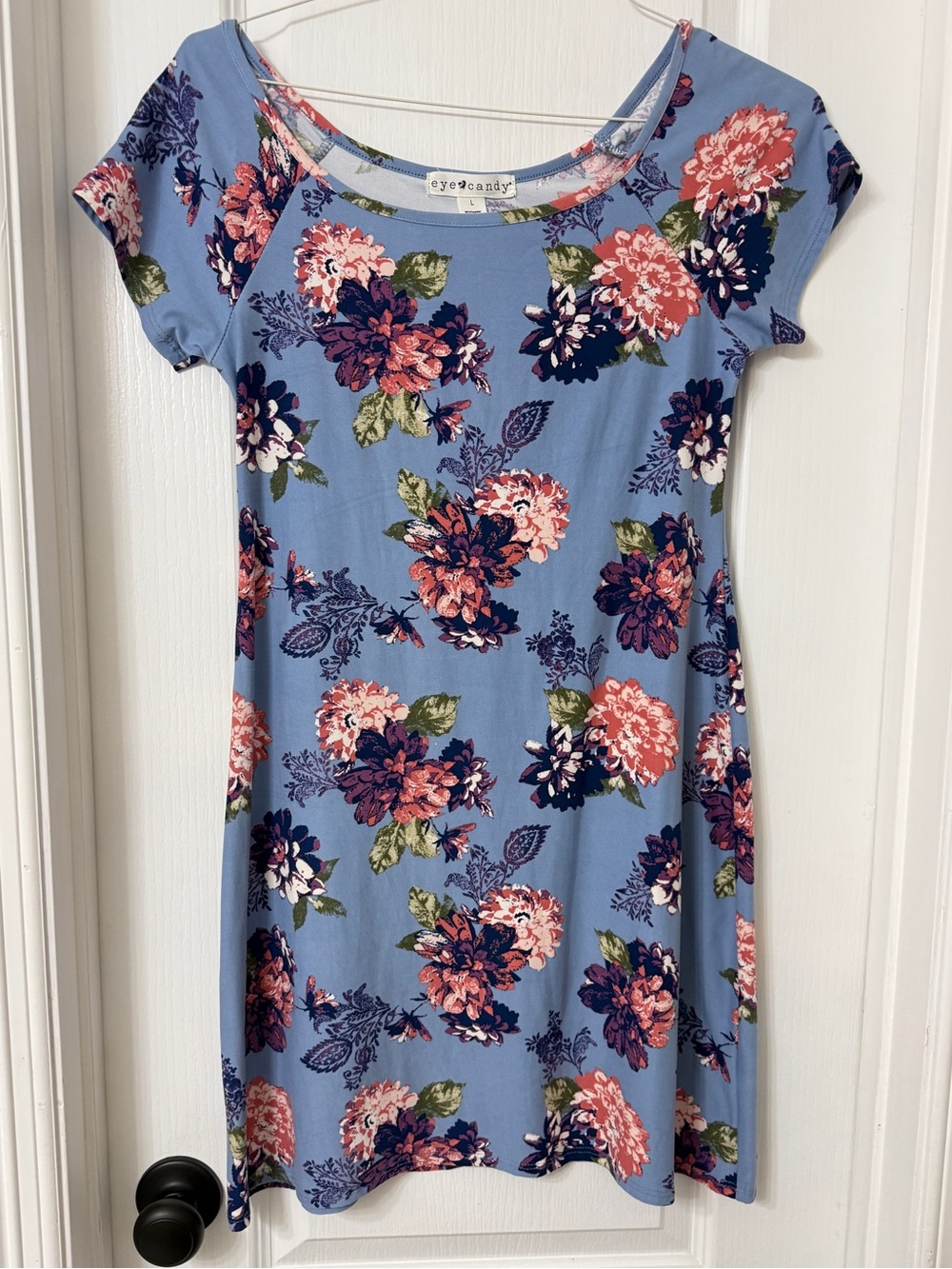 Eye candy blue pink floral casual short sleeved scoop neck mini dress size L